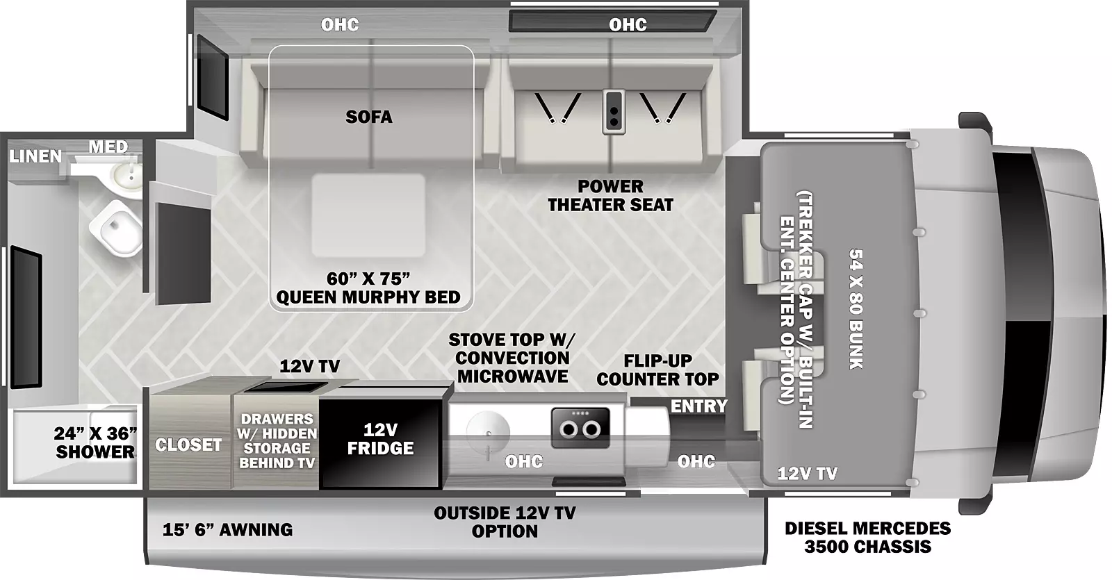 The 2400T is a class c with one slideout and one entry door. Exterior features a 15 foot 6 inch awning, and an optional 12 volt outside TV. Interior layout front to back: front cab with cab over bunk; off-door side slideout with power theater seating, queen murphy bed sofa, and overhead cabinets; door side entry, overhead cabinets, stovetop with convection microwave, countertop with flip-up countertop extension, sink, 12 volt refrigerator, 12 volt TV with drawers and hidden storage behind, and closet; rear bathroom with linen cabinet. Optional Trekker cap with built-in entertainment center in place of cab over bunk.