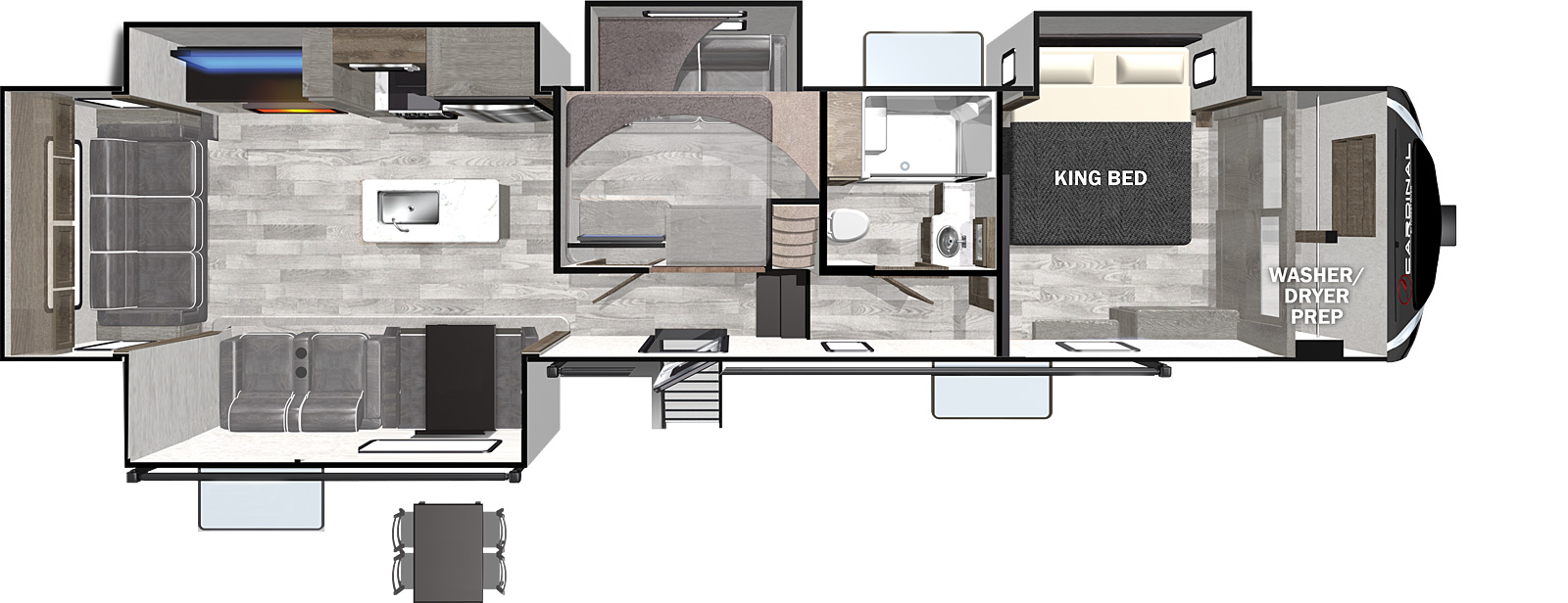 The 379MBLE has four slideouts and one entry. Interior layout front to back: bedroom with king bed slideout and washer/dryer prep; off-door side aisle bathroom; mid bunk with loft above; off-door side slideout with kitchen and entertainment center; kitchen island with sink; door side slideout with dinette and seating; rear sofa. Optional free-standing dinette.