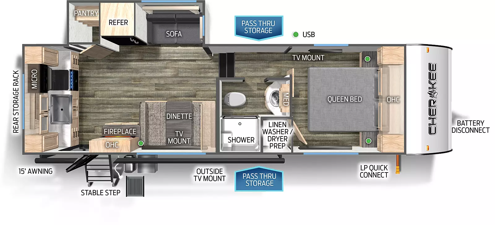 The 235MB has one slideout and one entry door. Exterior features include rear storage rack, 15 foot awning, stable step entry, outside kitchen, outside TV mount, LP quick connect, pass-thru storage, and battery disconnect. Interior layout front to back: queen bed with overhead cabinet, off-door side TV mount, and linen closet with washer/dryer prep; door side full bathroom with medicine cabinet; off-door side slideout with sofa, refrigerator and pantry; door side dinette with TV mount, overhead cabinet with fireplace below, and second entry; rear kitchen with overhead cabinet, sink, microwave and cooktop stove.