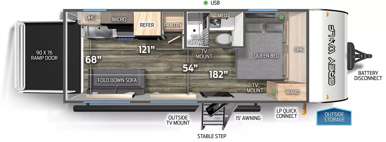 The 18RR has no slide outs, a rear ramp door and one entry door. Exterior features include outside TV mount, mid stable step entry, 15 foot awning, LP quick connect, outside storage, and battery disconnect. Interior layout front to back: queen bed with overhead cabinet, wardrobe, and TV mount; off-door side aisle full bathroom with medicine cabinet; entry door; off-door side pantry, refrigerator, overhead cabinet, microwave, cook top stove, and sink; door side fold down sofa. Cargo measurements: 182 inches from the rear of the trailer to the front queen bed; 54 inches from the side aisle bathroom to the door side wall; 121 inches from the rear of the trailer to the side aisle bathroom wall; 68 inches from the kitchen countertop to the door side wall; 90 inch by 76 inch rear ramp door.