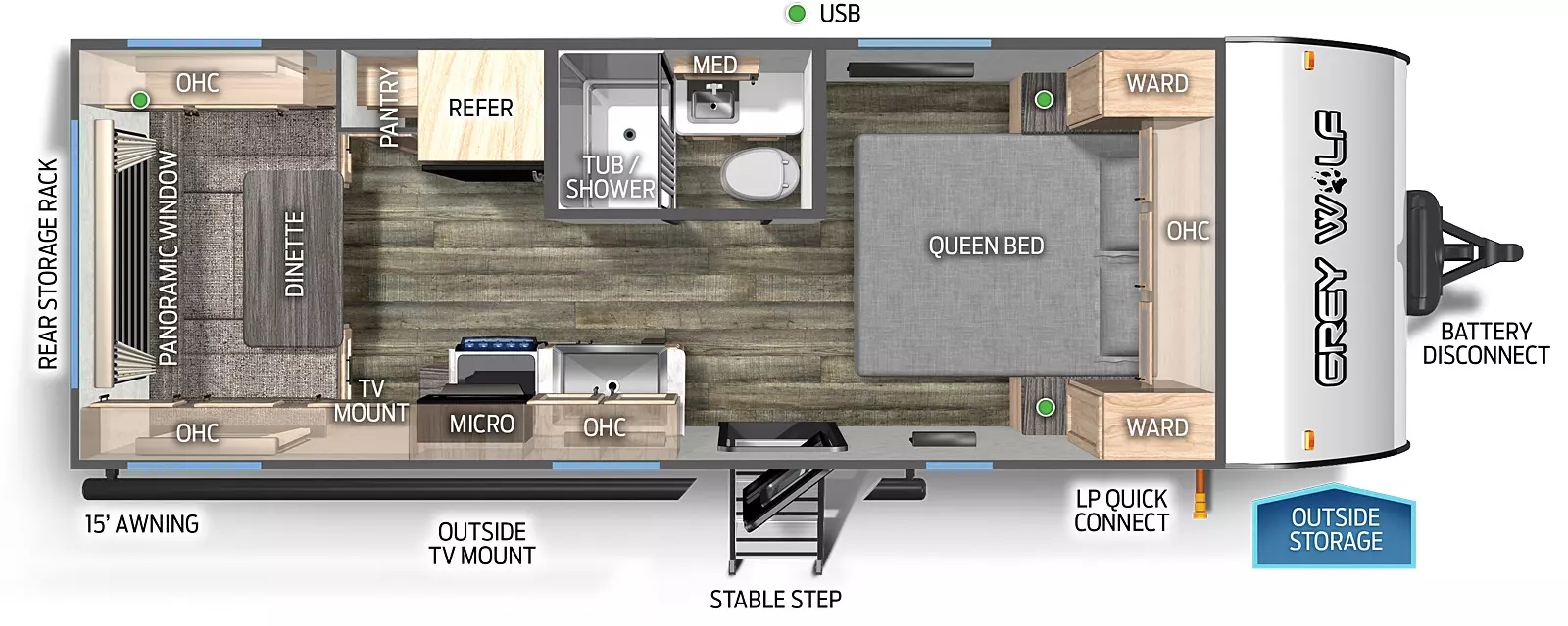 The 20RDSE has no slide outs and one entry door. Exterior features include a rear storage rack, 15 foot awning, outside TV mount, mid stable step entry, LP quick connect, outside storage, and battery disconnect. Interior layout front to back: front queen bed with overhead cabinet and wardrobes on each side; off-door side aisle full bathroom with medicine cabinet; door side entry, kitchen countertop with sink, overhead cabinet, microwave, cooktop stove, and TV mount; off-door side refrigerator and pantry; U-dinette on the rear wall with overhead cabinets and panoramic window.