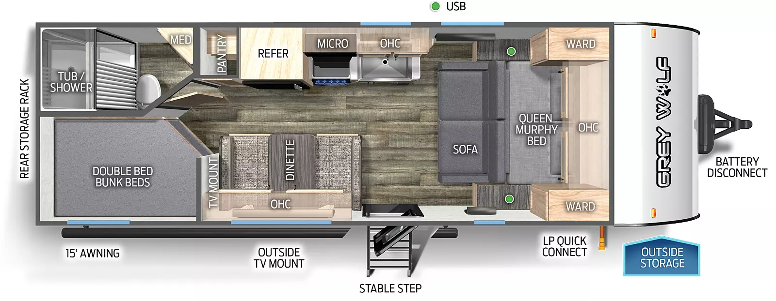 The 22MKSE has no slide outs and one entry door. Exterior features include a rear storage rack, 15 foot awning, outside TV mount, mid stable step entry, LP quick connect, outside storage, and battery disconnect. Interior layout front to back: front queen murphy bed sofa with overhead cabinets and wardrobes on either side; off-door side kitchen countertop with sink, overhead cabinet, microwave, cooktop stove, refrigerator, and pantry; door side entry, dinette with overhead cabinet, and TV mount; rear door side double bed bunk beds; rear off-door side full bathroom with medicine cabinet.