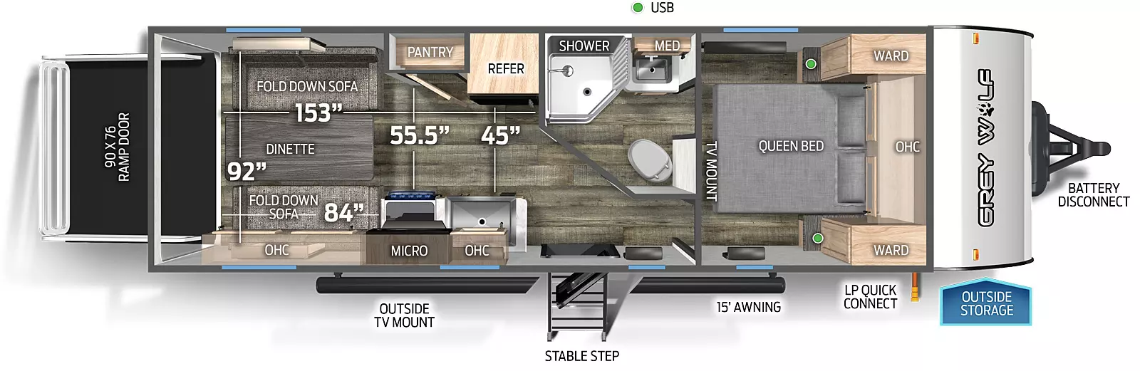 The 22RR has no slide outs, a rear ramp door and one entry door. Exterior features include outside TV mount, mid stable step entry, 15 foot awning, LP quick connect, outside storage, and battery disconnect; Interior layout front to back: queen bed with overhead cabinet, wardrobes on either side, and TV mount; off-door side aisle pass through full bathroom with medicine cabinet; off-door side refrigerator, and pantry; door side entry, kitchen countertop with sink, overhead cabinet, microwave, and cook top stove; rear opposing fold down sofas with dinette table in the rear. Cargo area measurements include: 45 inches between the refrigerator and kitchen countertop; 55.5 inches between the pantry and the kitchen countertop; 153 inches from the rear of the trailer to the bathroom wall; 84 inches from the rear of the trailer to the kitchen countertop; 92 inches from wall to before you reach the pantry and countertop; 90 inch by 76 inch rear ramp door.