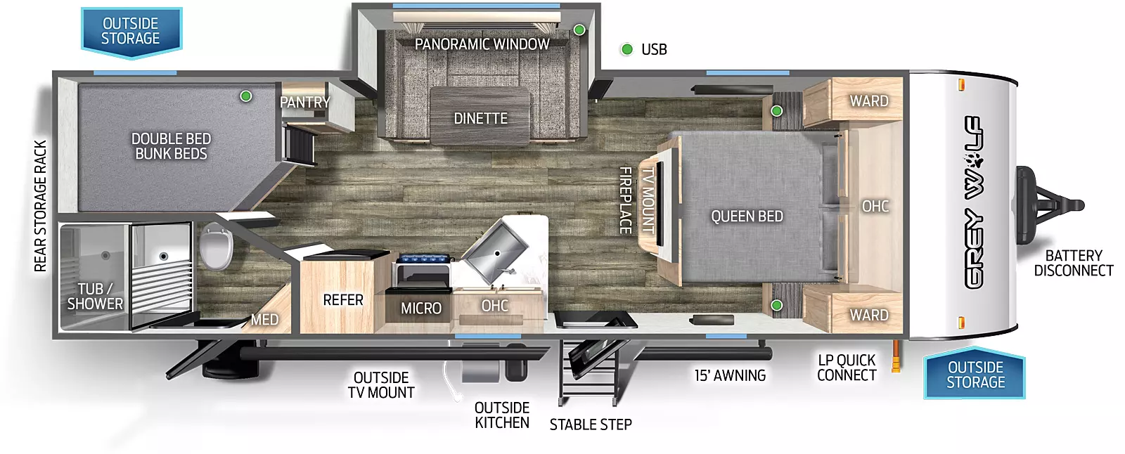 The 23DBH has one slide out and one entry door. Exterior features include a rear storage rack, outside TV mount, outside kitchen, mid stable step entry, 15 foot awning, LP quick connect, outside storage, and battery disconnect. Interior layout front to back: queen bed with overhead cabinet and wardrobes on either side; TV mount with fireplace below along inner wall; off-door side slide out with U-dinette and panoramic window; door side entry, peninsula kitchen countertop with sink wraps to door side with overhead cabinet, microwave, cooktop over, and refrigerator; rear door side full bathroom with medicine cabinet; rear off-door side double bed bunk beds.