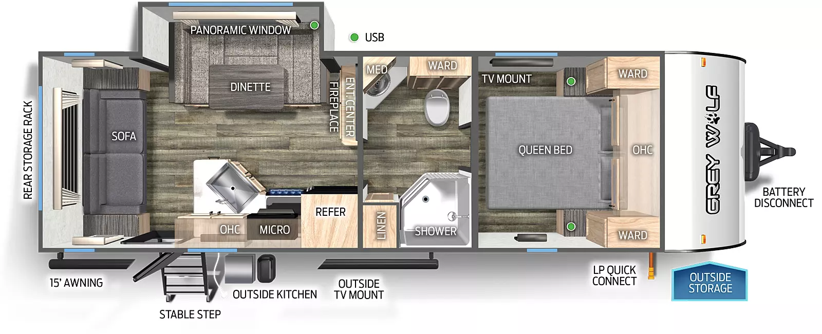 The 23MK has one slide out and one entry door. Exterior features include a rear storage rack, 15 foot awning, rear stable step entry, outside kitchen, outside TV mount, LP quick connect, outside storage, and battery disconnect. Interior layout front to back: queen bed with overhead cabinet, wardrobes on each side, and TV mount; split bathroom with toilet, wardrobe, sink and medicine cabinet on off-door side, and shower and linen closet on door side; entertainment center and fireplace along inner wall; off-door side slide out with u-dinette and panoramic window; door side refrigerator, microwave, cooktop stove, overhead cabinets, peninsula kitchen countertop with sink, and entry door; rear sofa.