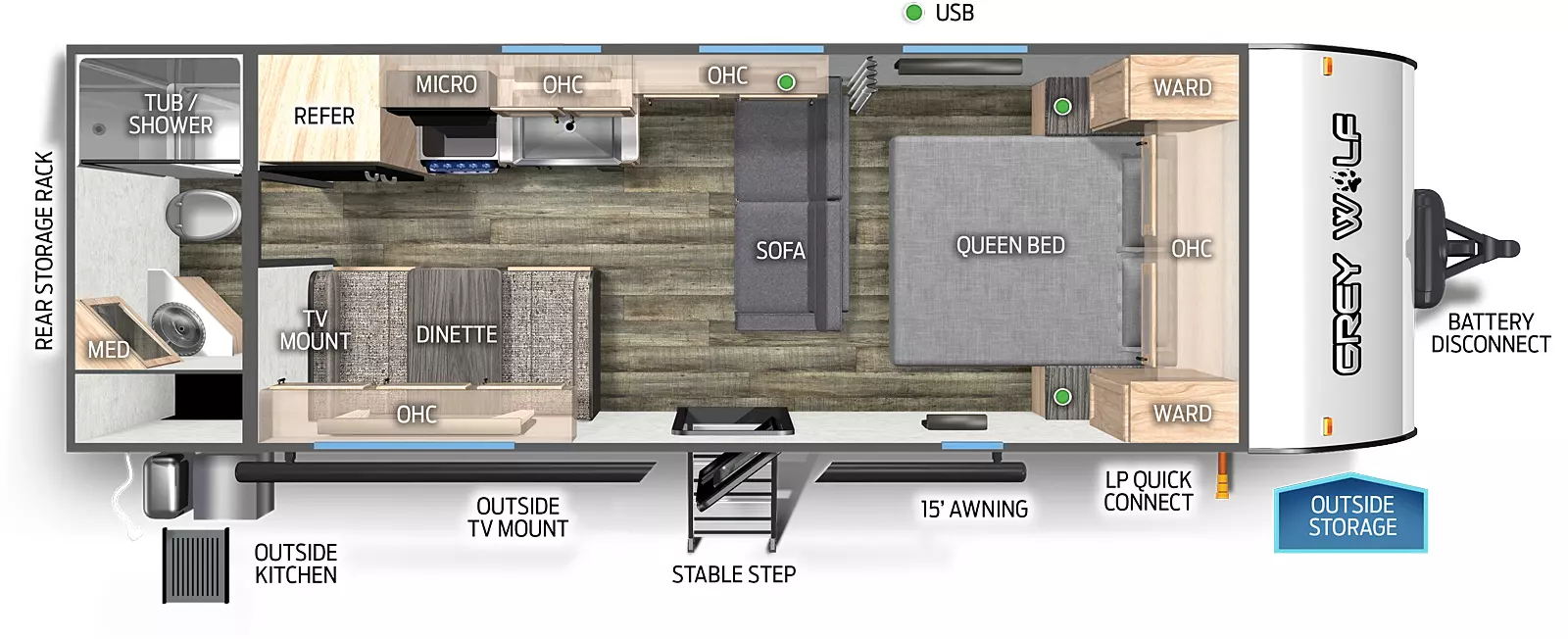 The 24JS has no slide outs and one entry door. Exterior features include a rear storage rack, outside kitchen, outside TV mount, mid stable step entry, 15 foot awning, LP quick connect, outside storage, and battery disconnect. Interior layout front to back: queen bed with overhead cabinet and wardrobes on either side; rear facing sofa near foot of queen bed; off-door side overhead cabinets, kitchen countertop with sink, cooktop stove, microwave, and refrigerator; door side entry, dinette with overhead cabinet, and TV mount; and rear full bathroom with medicine cabinet.