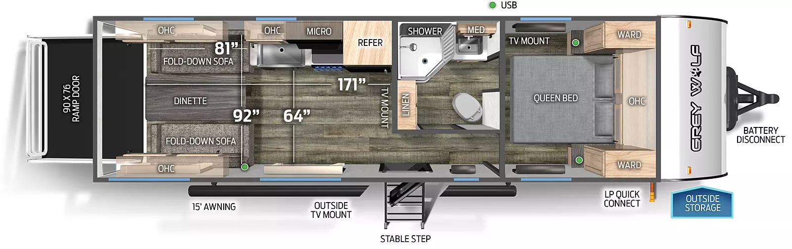 The 25RRT has no slide outs, a rear ramp door, and one entry door. Exterior features include 15 foot awning, outside TV mount, mid stable step entry, LP quick connect, outside storage, and battery disconnect. Interior layout front to back: queen bed with overhead cabinet and wardrobes on either side; off-door side aisle pass through full bathroom with linen closet and medicine cabinet; off-door side refrigerator, microwave, overhead cabinets, cook top stove, and kitchen countertop with sink; rear opposing wall fold down sofas with overhead cabinets, and dinette table. Cargo area measurements: 171 inches from the rear of the trailer to the bathroom wall; 64 inches from the kitchen countertop to the door side wall; 92 inches from off-door side wall to door side wall; 81 inches from rear of trailer to the kitchen countertop; 90 inch by 76 inch rear ramp door.