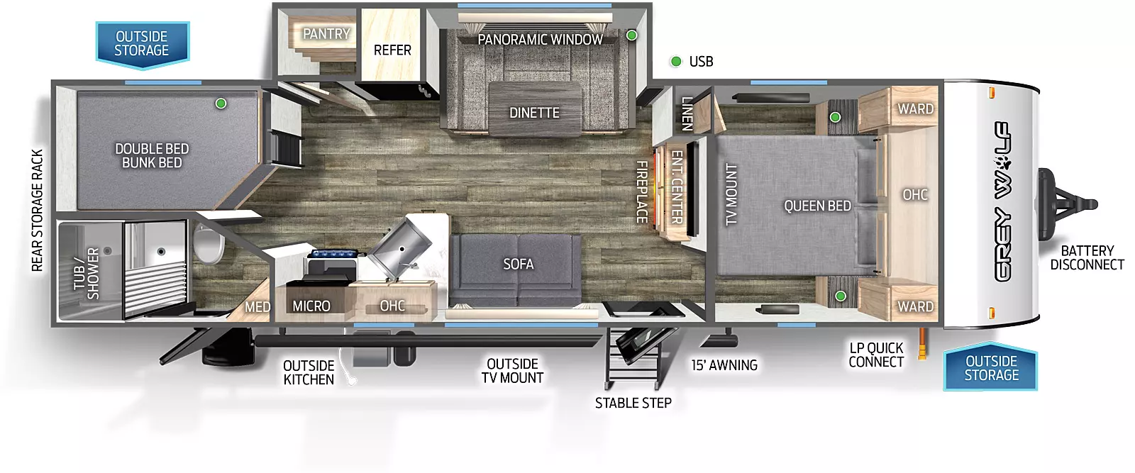 The 26BRB has one slide out and two entry doors. Exterior features include a rear storage rack, outside kitchen, outside TV mount, outside storage, mid stable step entry, 15 foot awning, LP quick connect, and battery disconnect. Interior layout front to back: queen bed with overhead cabinet, wardrobes on each side, TV mount, and linen closet; entertainment center with fireplace below along inner wall; off-door side slide out with u-dinette, panoramic window, refrigerator, and pantry; door side entry, sofa, peninsula kitchen countertop with sink, overhead cabinet, microwave, and cook top stove; rear door side full bathroom with entry door and medicine cabinet; rear off-door side double bed bunk beds.