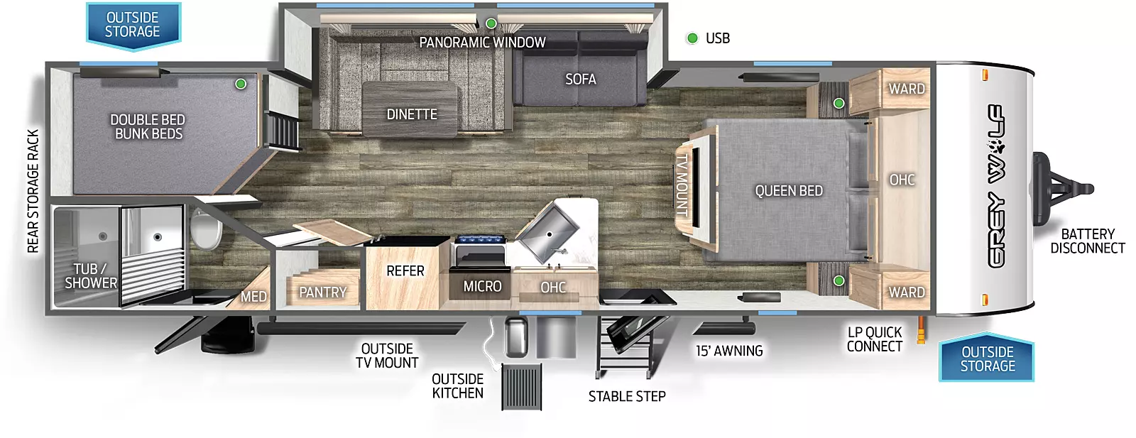 The 26DBH has one slide out and two entry doors. Exterior features include a rear storage rack, outside TV mount, outside kitchen, mid stable step entry, 15 foot awning, LP quick connect, outside storage, and battery disconnect. Interior layout front to back: queen bed with overhead cabinet, and wardrobes on either side; TV mount along inner wall; off-door side slide out with sofa, u-dinette, and panoramic window; door side entry, peninsula kitchen countertop with sink wraps to door side overhead cabinet, microwave, cooktop stove, refrigerator and pantry; rear door side full bathroom with entry door and medicine cabinet; rear off-door side double bed bunk beds.