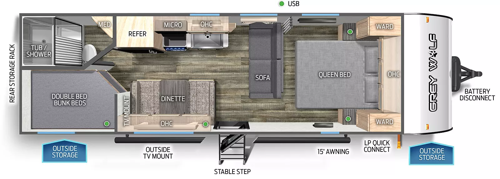 The 26DJSE has no slide outs and one entry door. Exterior features include a rear storage rack, outside storage, outside TV mount, mid stable step entry, 15 foot awning, LP quick connect, and battery disconnect. Interior layout front to back: queen bed with overhead cabinet and wardrobes on each side; rear facing sofa near foot of bed; off-door side kitchen countertop with sink, overhead cabinet, microwave, cook top stove, and refrigerator; door side entry, dinette, overhead cabinet and TV mount; rear door side double bed bunk beds; rear off-door side full bathroom with medicine cabinet.