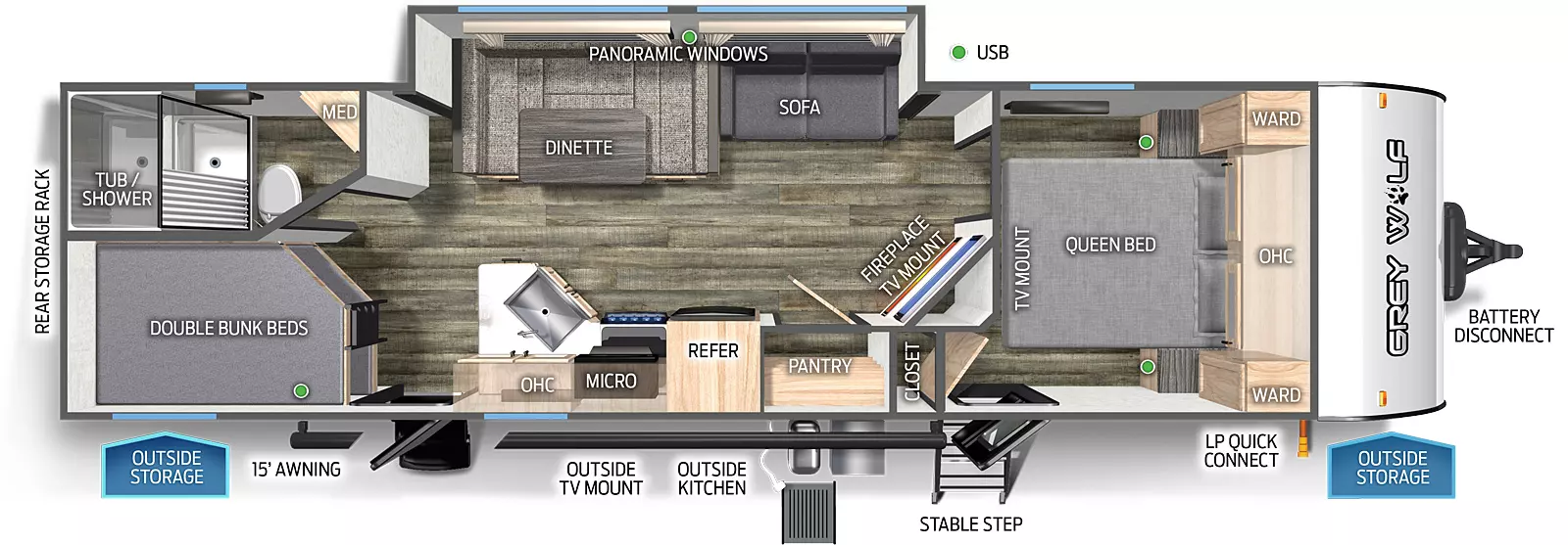 The 27DBH has one slide out and two entry doors. Exterior features include a rear storage rack, outside storage, 15 foot awning, outside TV mount, outside kitchen, front stable step entry, LP quick connect, and battery disconnect. Interior layout front to back: queen bed with overhead cabinet, wardrobes on each side, TV mount, entry door and closet; angled TV mount with fireplace along inner wall; off-door side slide out with sofa, u-dinette and panoramic window; door side pantry, refrigerator, microwave, cooktop stove, overhead cabinet, peninsula kitchen countertop with sink, and second entry; rear door side double bed bunk beds; rear off-door side full bathroom with medicine cabinet.