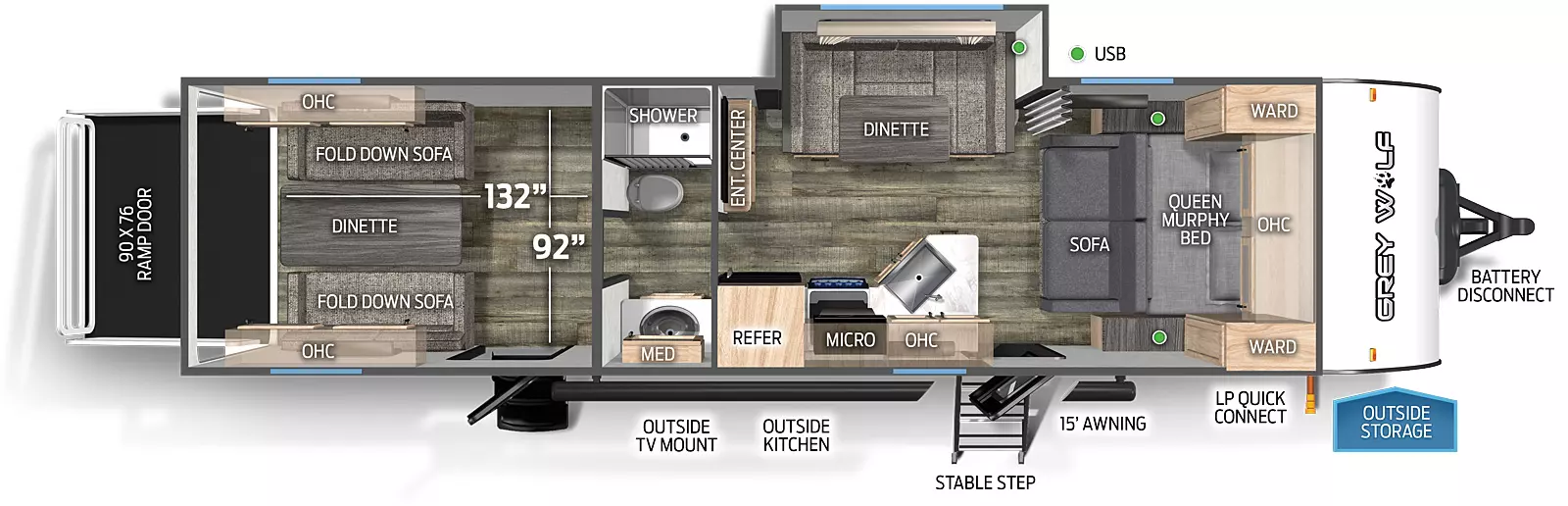 The 27RR has one slide out, a rear ramp door, and two entry doors. Exterior features include an outside TV mount, outside kitchen, front stable step entry, 15 foot awning, LP quick connect, outside storage, and battery disconnect. Interior layout front to back: queen murphy bed and sofa with overhead cabinet and wardrobes on each side; off-door side u-dinette slide out; door side entry, peninsula kitchen countertop with sink wraps to door side with overhead cabinet, microwave, cooktop stove and refrigerator; entertainment center along inner wall; split full bathroom with shower and toilet on off-door side, and sink with medicine cabinet on door side; rear cargo area with second entry door, and opposing wall fold down sofas with overhead cabinets, and dinette table. Cargo area measurements: 132 inches from the rear of the trailer to the bathroom wall; 92 inches from the off-door side wall to the door side wall; 90 inch by 76 inch rear ramp door.