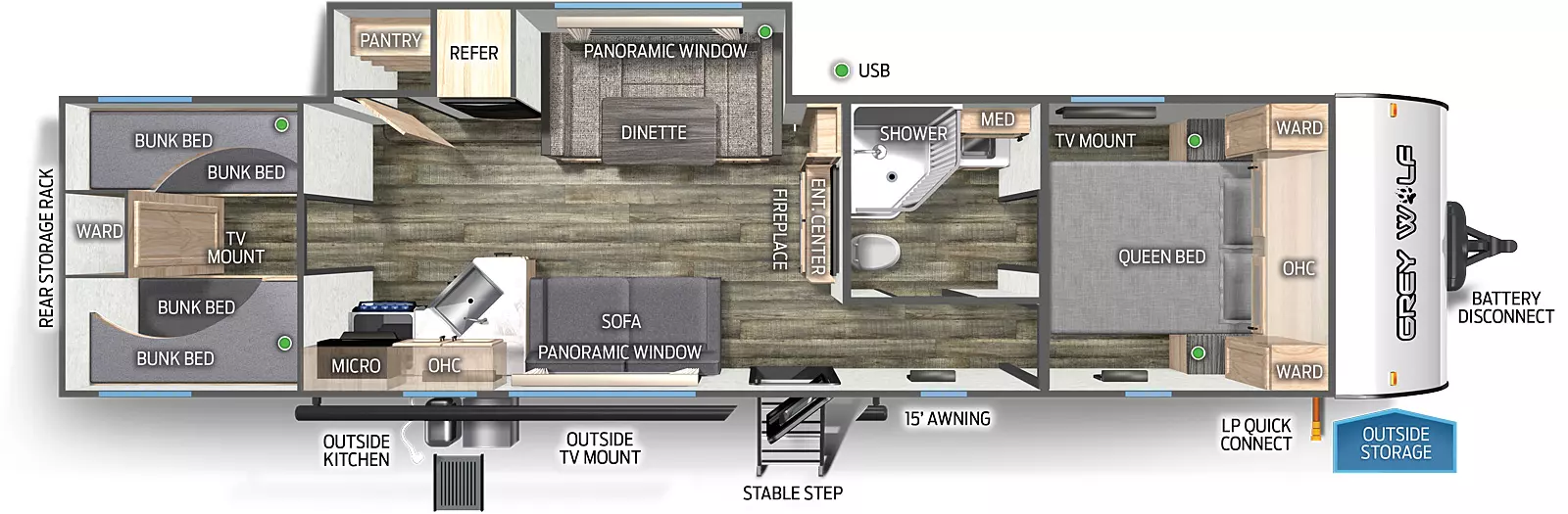 The 29BRB has one slideout and one entry door. Exterior features include rear storage rack, outside kitchen, outside TV mount, mid stable step entry, 15 foot awning, LP quick connect, outside storage, and battery disconnect. Interior layout front to back: queen bed with overhead cabinet, wardrobes on each side, and TV mount; off-door side aisle pass through full bathroom with medicine cabinet; entertainment center with fireplace below on inner wall; off-door side slideout with u-dinette, panoramic window, refrigerator and pantry; door side entry, sofa, panoramic window, peninsula sink countertop wraps to door side with overhead cabinet, microwave and cooktop stove; rear bunk house with bunk beds on each side and a rear wardrobe with TV mount.