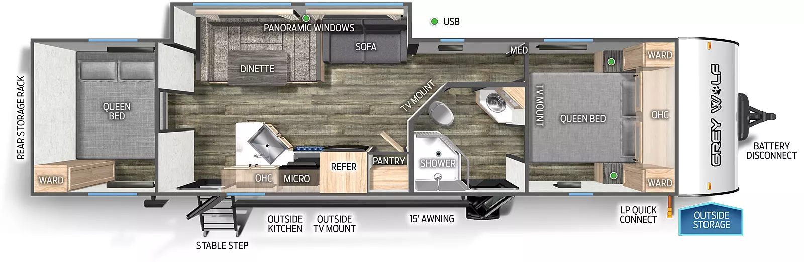 The 29QB has one slide out and two entry doors. Exterior features include a rear storage rack, rear stable step entry, outside kitchen, outside TV mount, 15 foot awning, LP quick connect, outside storage, and battery disconnect. Interior layout front to back: queen bed with overhead cabinet, wardrobes on each side, and TV mount; door side aisle pass through bathroom with medicine cabinet; TV mount along inner wall; off-door side slide out with sofa, u-dinette and panoramic windows; door side pantry, refrigerator, microwave, cooktop stove, overhead cabinet, peninsula kitchen countertop with sink and second entry; rear room with queen bed and wardrobe.