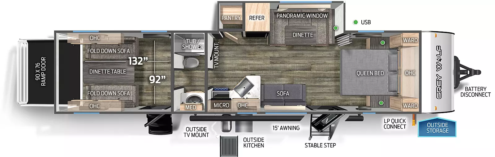 The 29RRT has one slide out, a rear ramp door, and two entry doors. Exterior features include an outside TV mount, outside kitchen, 15 foot awning, front stable step entry, LP quick connect, outside storage, and battery disconnect. Interior layout front to back: queen bed with overhead cabinet and wardrobes on each side; a off-door side slide out with u-dinette, panoramic window, refrigerator and pantry; door side entry, sofa, peninsula kitchen countertop with sink wraps to door side with overhead cabinet, microwave and cooktop oven; split full bathroom with tub/shower and toilet on off-door side, and sink with medicine cabinet on door side; rear cargo area with second entry, opposing wall fold down sofas with overhead cabinets, and dinette table. Cargo area dimensions: 132 inches from rear of trailer to bathroom wall, 92" from off-door side wall to door side wall, 90 inch by 76 inch rear ramp door.