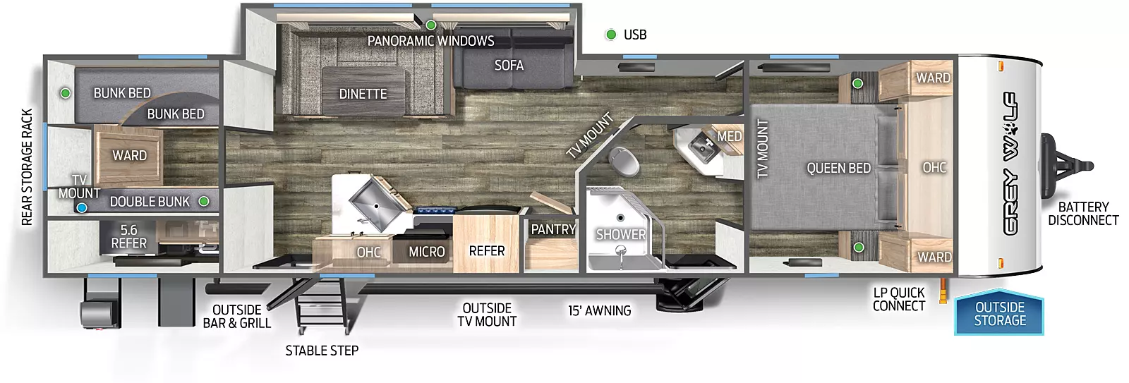 The 29TE has one slide out and two entry doors. Exterior features include a rear storage rack, outdoor bar and grill with refrigerator and sink, rear stable step entry, outside TV mount, 15 foot awning, LP quick connect, outside storage, and battery disconnect. Interior layout front to back: queen bed with overhead cabinet, wardrobes on each side and TV mount; door side aisle pass through full bathroom with entry door and medicine cabinet; off-door side slide out with sofa, u-dinette, and panoramic window; door side pantry, refrigerator, microwave, cooktop oven, overhead cabinet, peninsula kitchen countertop with sink, and second entry; rear bunkhouse with bunk beds on off-door side, double bunk on door side and wardrobe with TV mount.