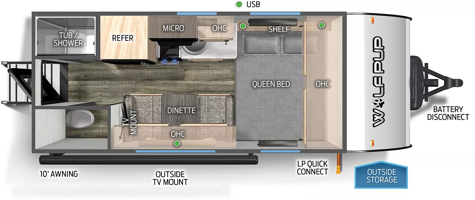 The 14CC has no slide outs and one entry. Exterior features include battery disconnect, LP quick connect, outside storage, 10 foot awning, and outside TV mount. Interior layout front to back: front queen bed with shelf and overhead cabinet; off-door side countertop, sink, microwave, cook top stove, overhead cabinet and refrigerator; door side dinette, overhead cabinet, and TV mount; rear off-door side tub/shower; rear door side toilet; rear entry door.