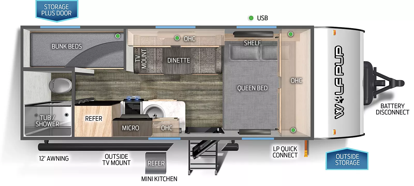 The 16BHS has no slide outs and one entry door. Exterior features include a storage plus door on the off-door side, TV mount, mini kitchen, outside storage on the door side, LP quick connect, and battery disconnect. Interior layout front to back: front queen bed with shelf and overhead cabinet; off-door side dinette with overhead cabinet and TV mount; door side entry, kitchen countertop with sink, microwave, cook top stove, overhead cabinet, and refrigerator; rear door side bathroom with only a toilet and tub/shower; rear off-door side bunk beds.