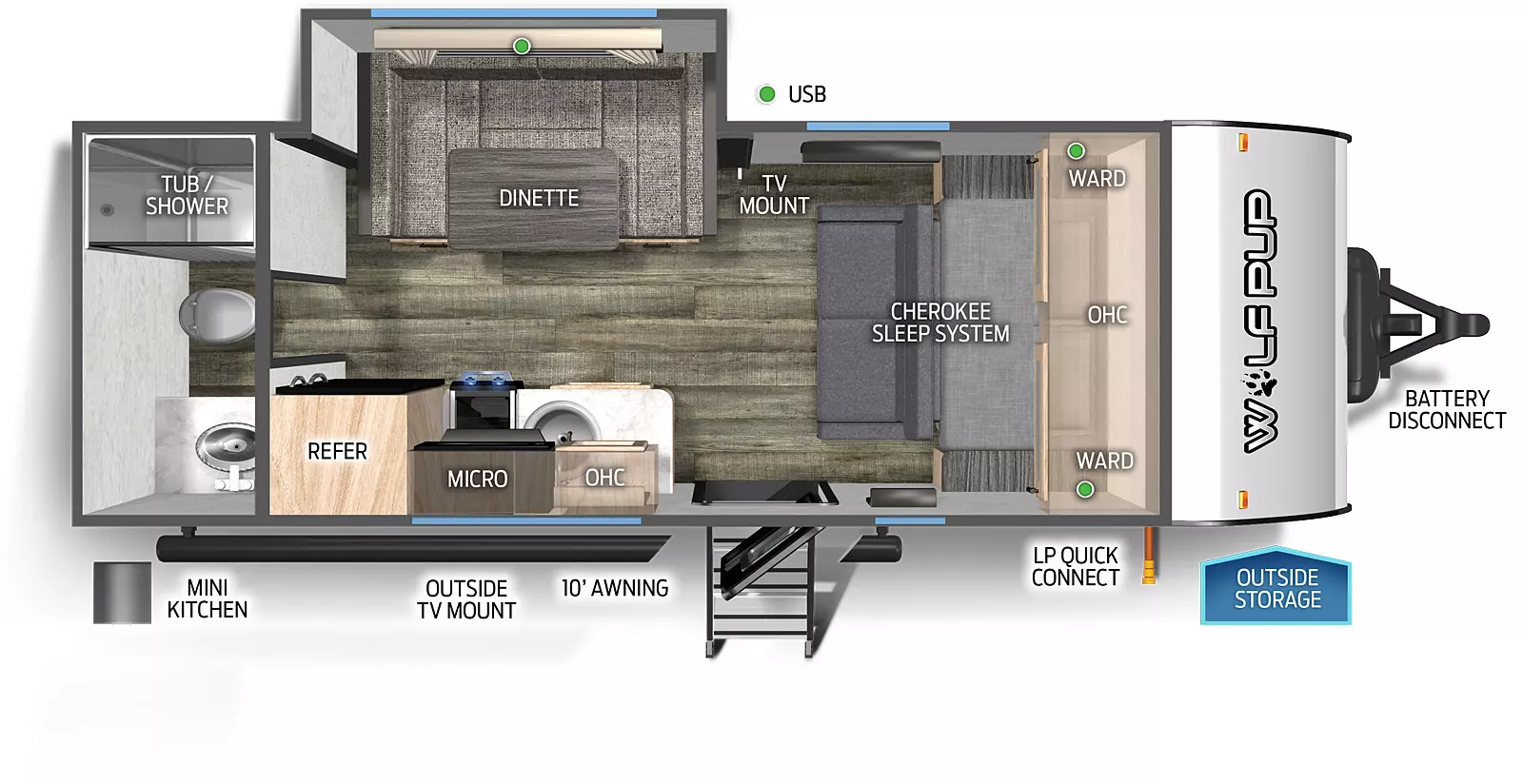 the 16CW has one slideout and one entry. Exterior features include battery disconnect, outside storage, LP quick connect, 10 foot awning, outside TV mount and mini kitchen. Interior layout front to back: front Cherokee sleep system murphy bed with overhead cabinets and wardrobes; off-door side TV mount, and u-dinette slideout; door side entry; door side kitchen countertop with sink, overhead cabinet, microwave, and refrigerator; full bathroom in the rear.