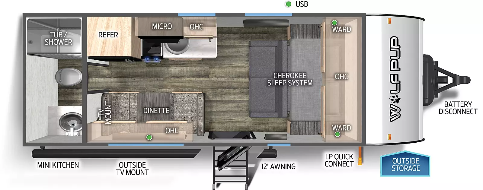 The 16FQ has no slide outs and one entry door. Exterior features include mini kitchen, outside TV mount, outside storage, 12 foot awning, LP quick connect, and battery disconnect. Interior layout front to back: front Cherokee sleep system murphy bed with overhead cabinets and wardrobes; off-door side kitchen countertop with sink, overhead cabinet, microwave, and refrigerator; door side entry, dinette with overhead cabinet and TV mount; full bathroom in the rear.