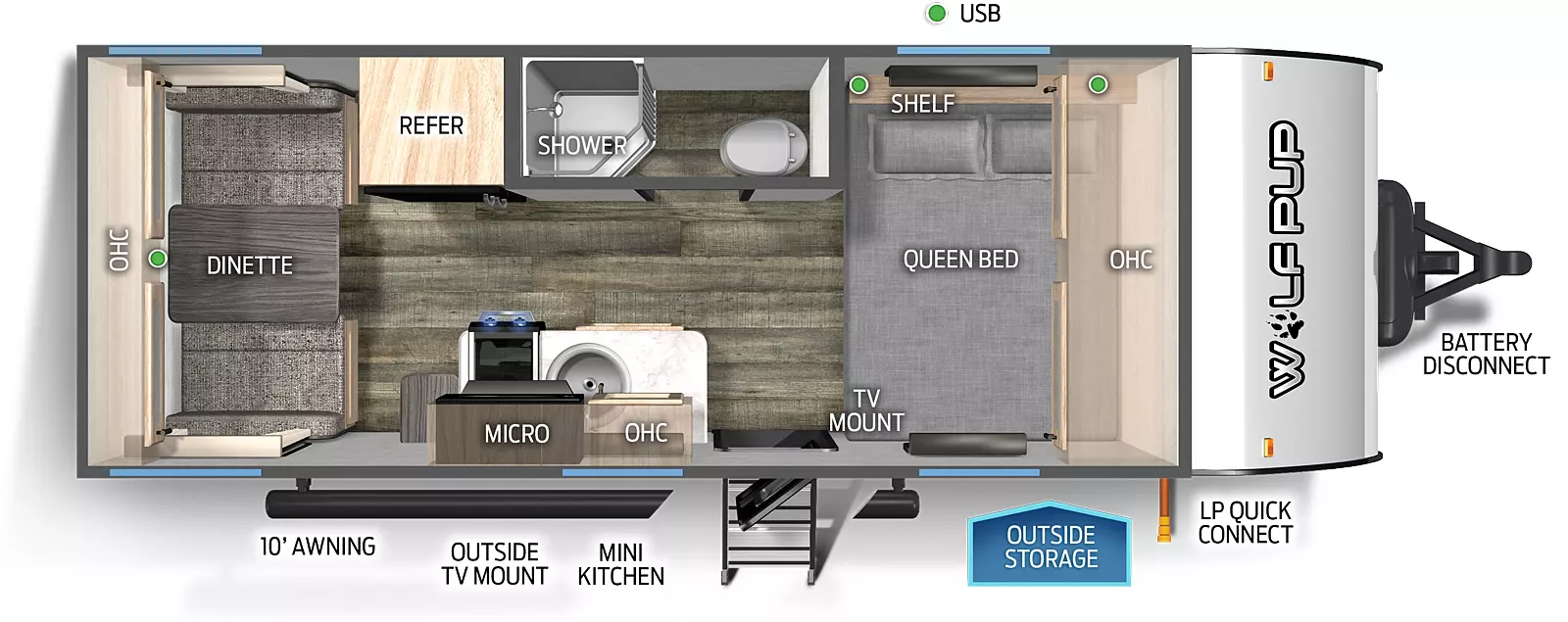 The 16TS has no slide outs and one entry door. Exterior features include a 10 foot awning, outside TV mount, mini kitchen, outside storage, LP quick connect, and battery disconnect. Interior layout front to back: front queen bed with shelf, overhead cabinet and TV mount; off-door side aisle bathroom with just a shower and toilet; door side entry, kitchen countertop with sink, overhead cabinet, microwave, and cook top stove; off-door side refrigerator; rear dinette with overhead cabinets.