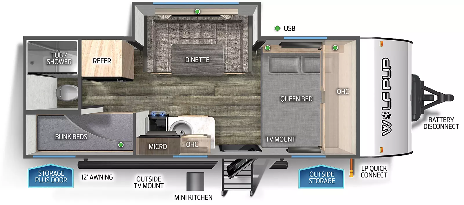 The 17JG has one slide out and one entry door. Exterior features include a storage plus door, 12 foot awning, outside TV mount, mini kitchen, outside storage, LP quick connect, and battery disconnect. Interior layout front to back: queen bed with overhead cabinet and TV mount; off-door side u-dinette slide out; door side entry, kitchen countertop with sink, overhead cabinet, microwave, and cook top stove; off-door side refrigerator; rear door side bunk beds; rear off-door side bathroom with just a tub/shower and toilet. 