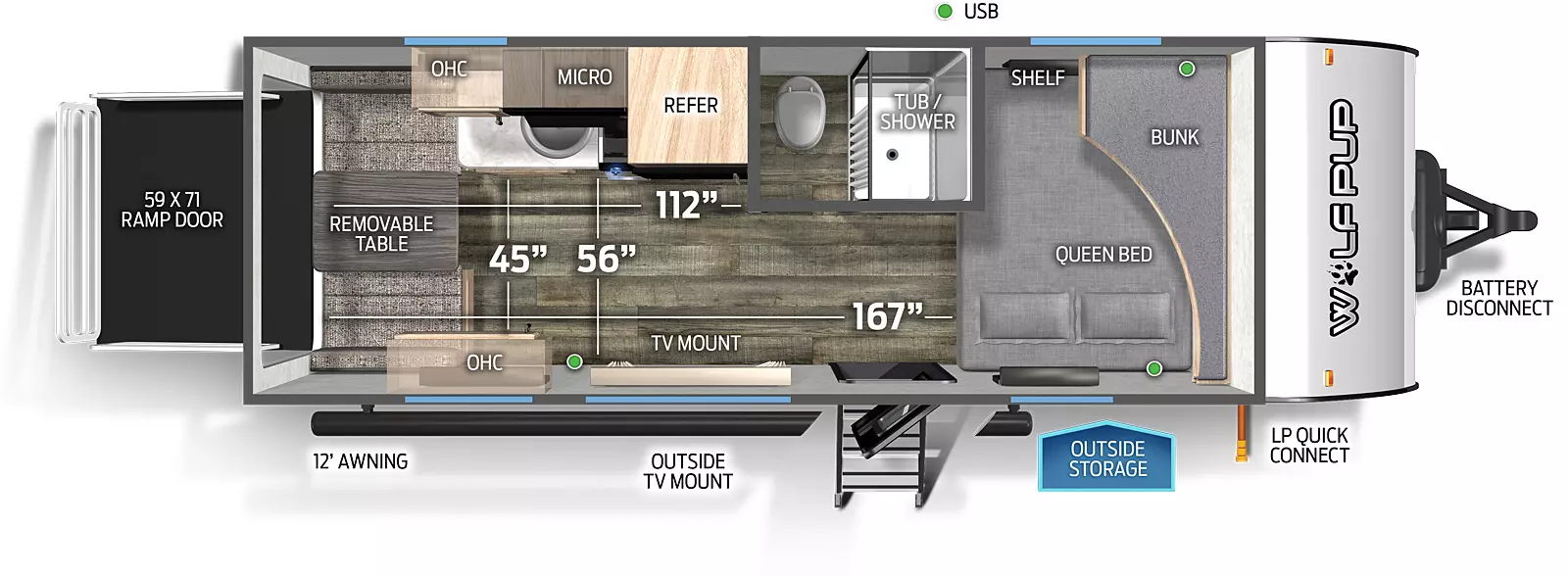 The 18RJB has no slide outs and one entry door. Exterior features include a rear ramp door, 12 foot awning, outside TV mount, outside storage, LP quick connect, and battery disconnect. Interior layout front to back: front queen bed with shelf, and bunk above; off-door side aisle bathroom with only a toilet and tub/shower; off-door side refrigerator, microwave, overhead cabinets, cook top stove, and kitchen countertop with sink; door side TV mount and overhead cabinet; rear removable table and seats. Cargo area dimensions: 167 inches from the rear to the queen bed, 112 inches from the rear to the bathroom wall, 45 inches between kitchen countertop and door side overhead cabinet, 56 inches between kitchen countertop and door side wall, and 59x71 inch rear ramp door.