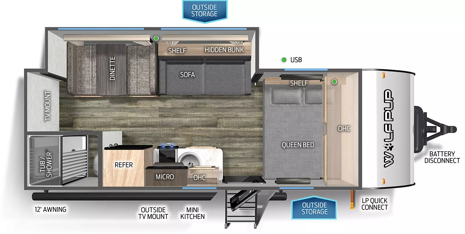 The 18TO has one slide out and one entry door. Exterior features include a 12 foot awning, outside TV mount, mini kitchen, outside storage, LP quick connect, and battery disconnect. Interior layout front to back: queen bed with shelf and overhead cabinet; off-door side slide out containing a sofa with shelf and hidden bunk, and dinette; door side entry, kitchen countertop with sink, overhead cabinet, microwave, cook top stove, and refrigerator; rear door side bathroom with only a tub/shower and toilet; rear wall with a TV mount.