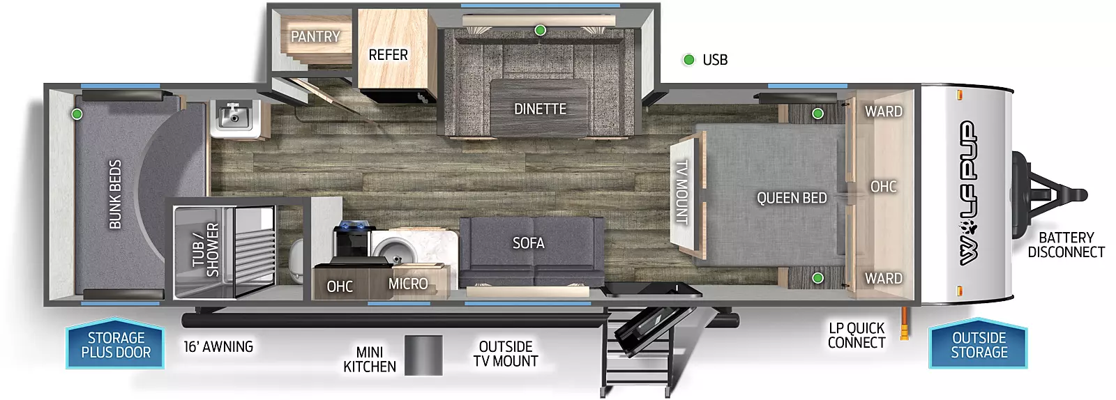 The 25JB has one slideout and one entry door. Exterior features include a storage plus door, 16 foot awning, mini kitchen, outside TV mount, LP quick connect, outside storage, and battery disconnect. Interior layout front to back: queen bed with overhead cabinet and wardrobes on either side; TV mount along inner wall; off-door side slideout with u-dinette, refrigerator and pantry; door side entry, sofa, kitchen countertop with sink, overhead cabinet, microwave, and cooktop stove; door side aisle bathroom with only tub/shower and toilet; off-door side sink only; rear bunk beds.