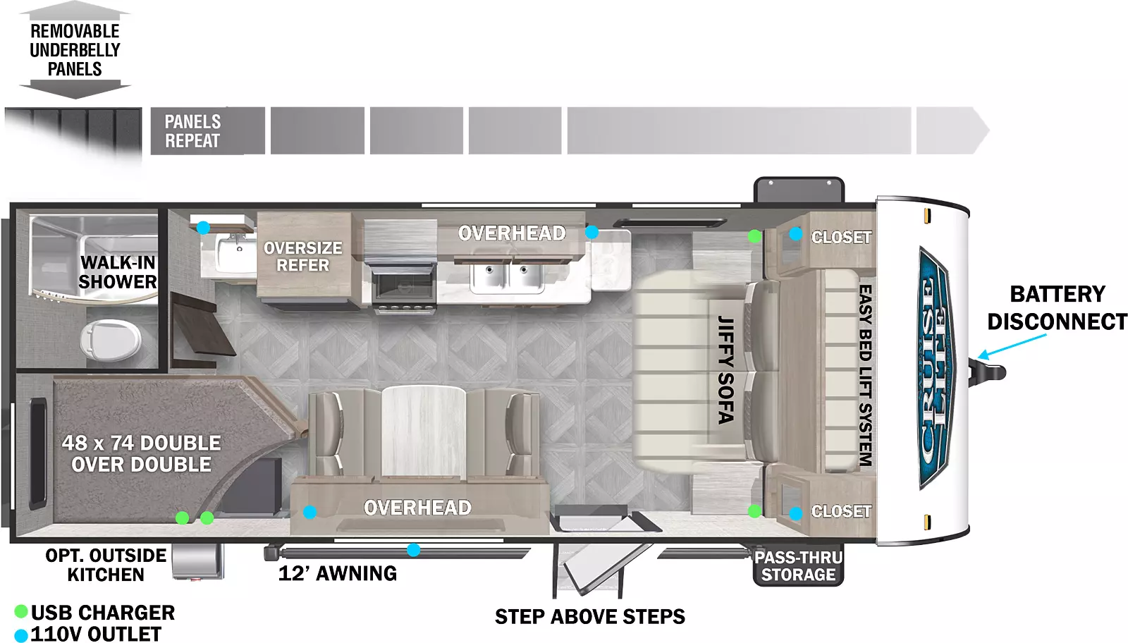 The 19DBXL has no slide outs and one entry. Outside features include an optional outside kitchen, 12 foot awning, step above entry steps, front pass-thru storage, battery disconnect, and removeable underbelly panels. Interior layout front to back: jiffy sofa with easy bed lift system and closets on each side; door side entry, dinette with overhead cabinet; off-door side kitchen with overhead cabinet and oversize refrigerator; rear door side double over double bunks; rear off-door side sink and medicine cabinet outside of the rear bathroom with walk-in shower and toilet.