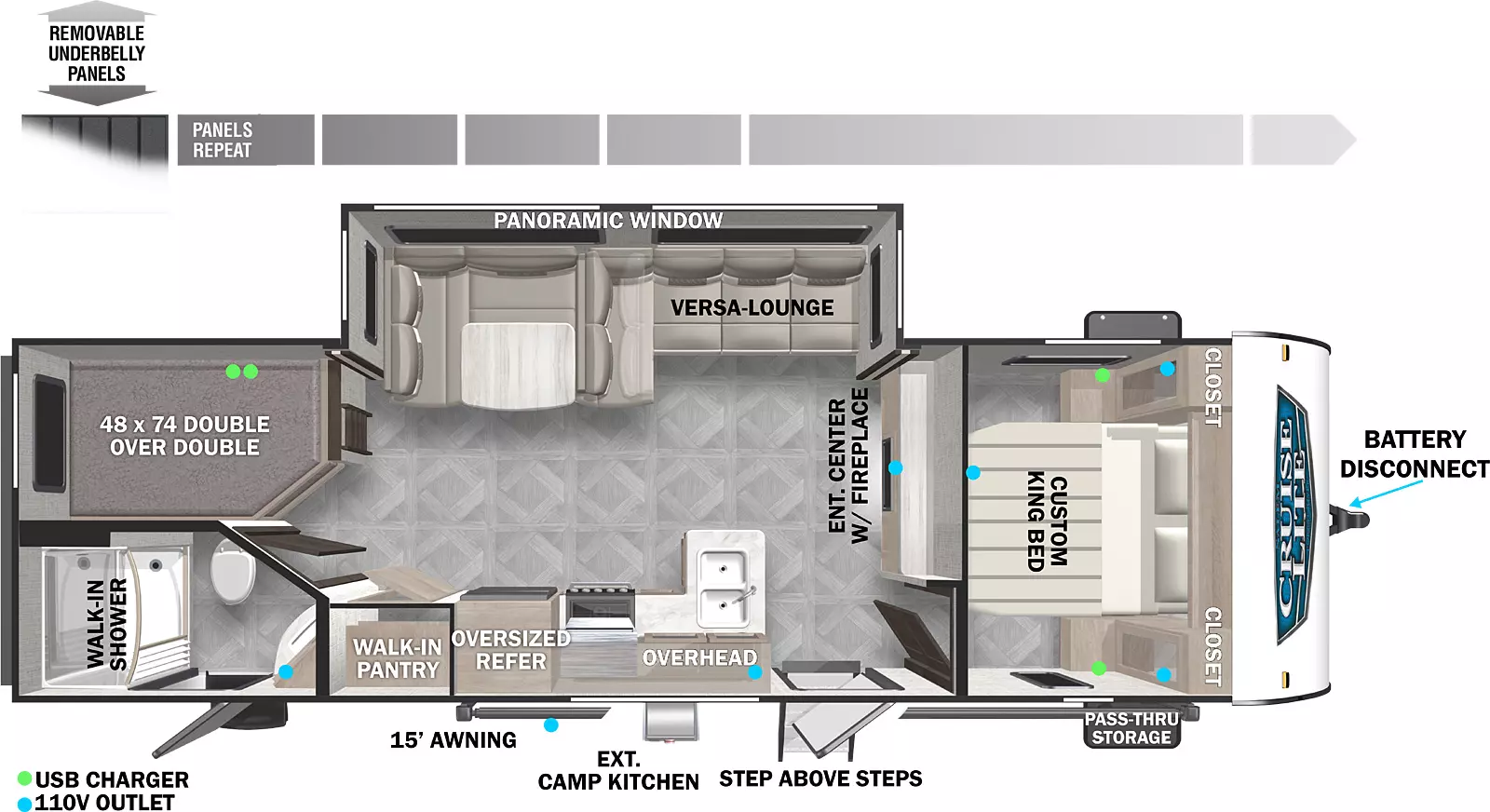 The 263BHXL has one slideout and two entries. Exterior features include a 15 foot awning, exterior camp kitchen, step above front entry steps, front pass-thru storage, battery disconnect, and removeable underbelly panels. Interior layout front to back: custom king bed with closets on each side; entertainment center with fireplace along inner wall; off-door side slideout with versa lounge/u-dinette and panoramic window; door side entry, and kitchen with peninsula countertop sink, overhead cabinets, oversized refrigerator, and walk-in pantry; rear off-door side double over double bunks; rear door side full bathroom with walk-in shower and second entry.