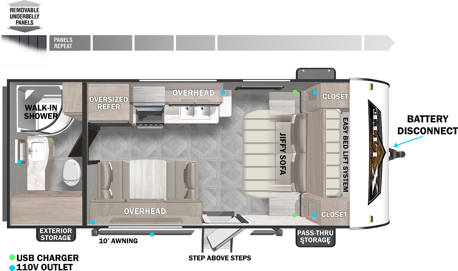 The 171RBXL has no slideout and one entry door. Exterior features include rear exterior storage, 10 foot awning, step above entry steps, front pass-thru storage, battery disconnect, and removeable underbelly panels. Interior layout front to back: jiffy sofa with easy bed lift system and closets on each side; door side entry, dinette and overhead cabinet; off-door side kitchen with overhead cabinet and oversized refrigerator; rear full bathroom with walk-in shower.