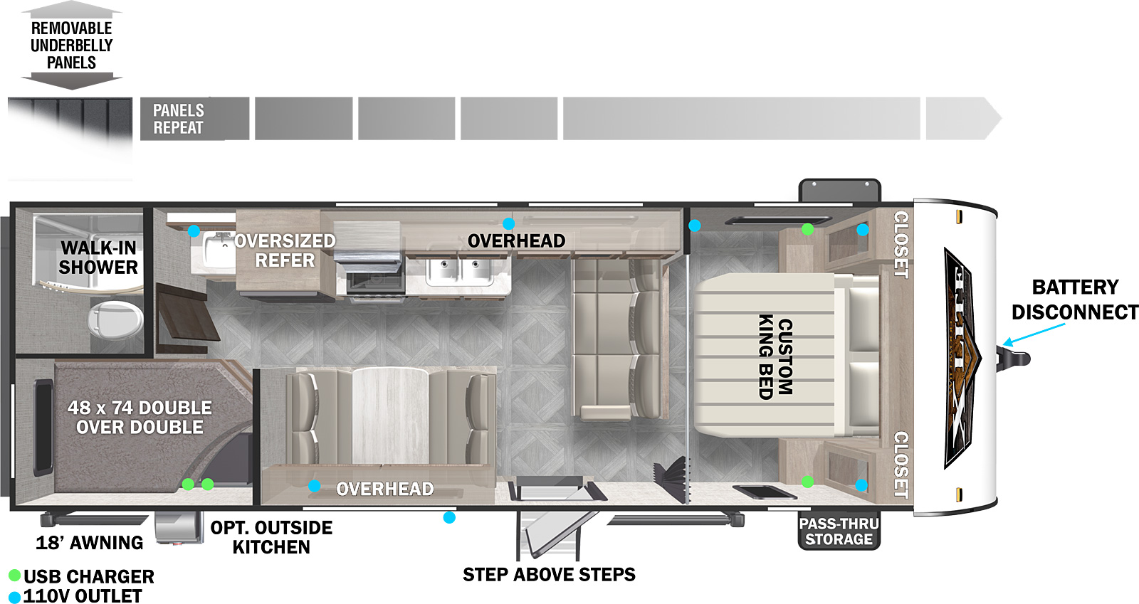 The 261BHXL has no slideouts and one entry. Exterior features include an 18 foot awning, optional outside kitchen, step above entry steps, front pass-thru storage, battery disconnect, and removeable underbelly panels. Interior layout front to back: custom king bed with closets on each side; sofa at foot of bed; off-door side overhead cabinet, and kitchen with oversized refrigerator; door side entry, dinette and overhead cabinet; rear door side double over double bunks; rear off-door side sink and overhead cabinet outside bathroom with walk-in shower and toilet.