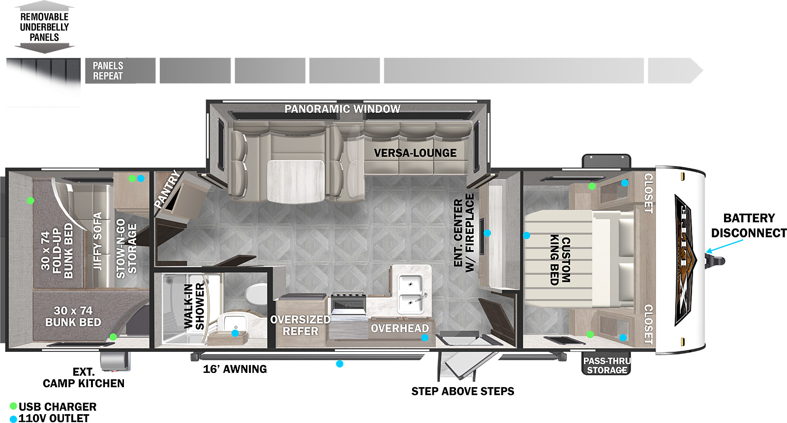 The 273QBXL has one slideout and one entry door. Exterior features include exterior camp kitchen, 16 foot awning, step above entry steps, front pass-thru storage, battery disconnect, and removeable underbelly panels. Interior layout front to back: custom king bed with closets on each side; entertainment center with fireplace along inner wall; off-door side versa lounge/u-dinette with panoramic window; door side entry, and kitchen with peninsula countertop sink, overhead cabinet, and oversized refrigerator; door side full bathroom with walk-in shower; off-door side angled pantry; rear bunk room with stow-n-go storage, jiffy sofa, rear fold up bunk, and door side bunk bed.