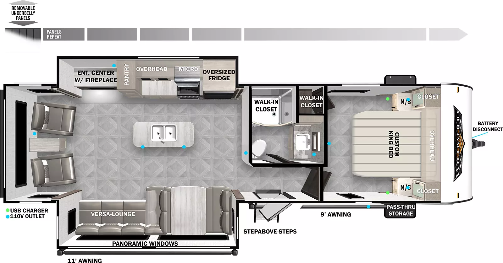 The 27RE has two slideouts and one entry. Exterior features include 11 foot and 9 foot awnings, step above entry steps, front pass-thru storage, battery disconnect, and removeable underbelly panels. Interior layout front to back: custom king bed with night stands and closets on each side, overhead cabinet, and walk-in closet; off-door side full bathroom with walk-in shower; entry door; off-door side slideout with oversized refrigrator, microwave, overhead cabinet, pantry, and entertainment center with fireplace; kitchen island with sink; door side slideout with versa lounge/dinette and panoramic windows; rear chairs and end table. 