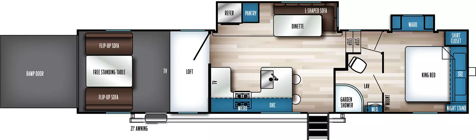 The 327SUT has 2 slideouts on the off-door side and 2 entry doors on the door side. Exterior features include a rear ramp door and 21 ft. awning that covers both entry doors. Interior layout from front to back: front bedroom with foot facing King bed with shirt closet, overhead cabinets and nightstand, off-door side slideout with wardrobe, pass-through door side bathroom with garden shower, sink, toilet and medicine cabinet; 2 steps down to main level; off-door side slideout containing L-shaped sofa with dinette, refrigerator and pantry; door side kitchen with 2 bar stools, U-shaped countertop with sink, overhead microwave and cabinets, front facing TV and stovetop; rear cargo area with TV, loft, and opposing side flip-up sofas with free standing table in the cargo area.