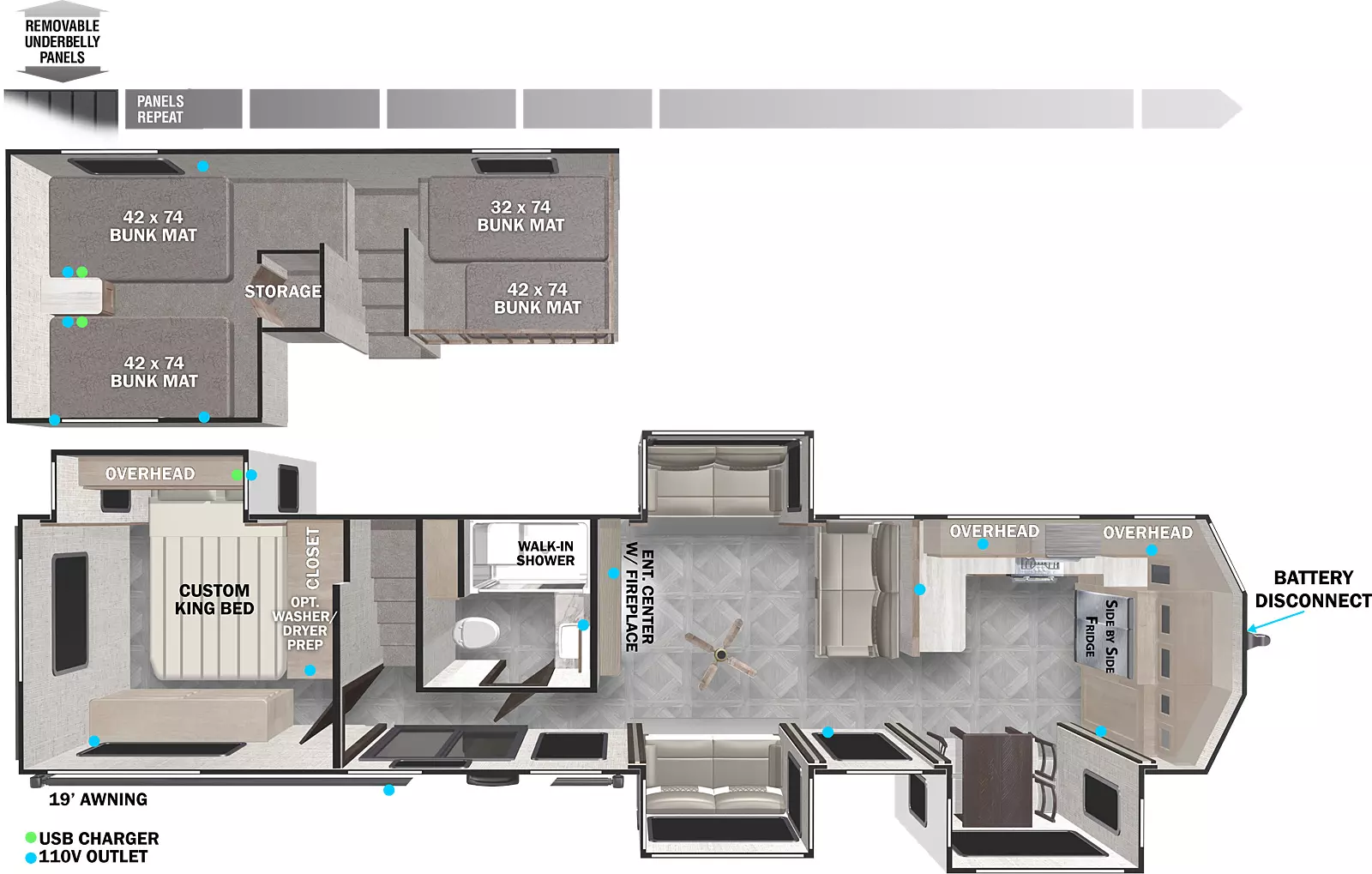 The 42FK has four slideouts and one entry. Exterior features removable underbelly panels, 19 foot awning and battery disconnect. Interior layout front to back: Kitchen with front side-by-side refrigerator, off-door side counter that wraps along inner wall with overhead cabinets, and door side dining slideout; mid living area with opposing seating slideouts, paddle fan, and seating opposite entertainment center with firepalce; off-door side full bathroom with walk-in shower across from patio door entry; stairs to loft area with four bunk mats and storage above bathroom and rear bedroom; rear bedroom with off-door king bed slideout with overhead cabinet, and a closet with optional washer/dryer prep.