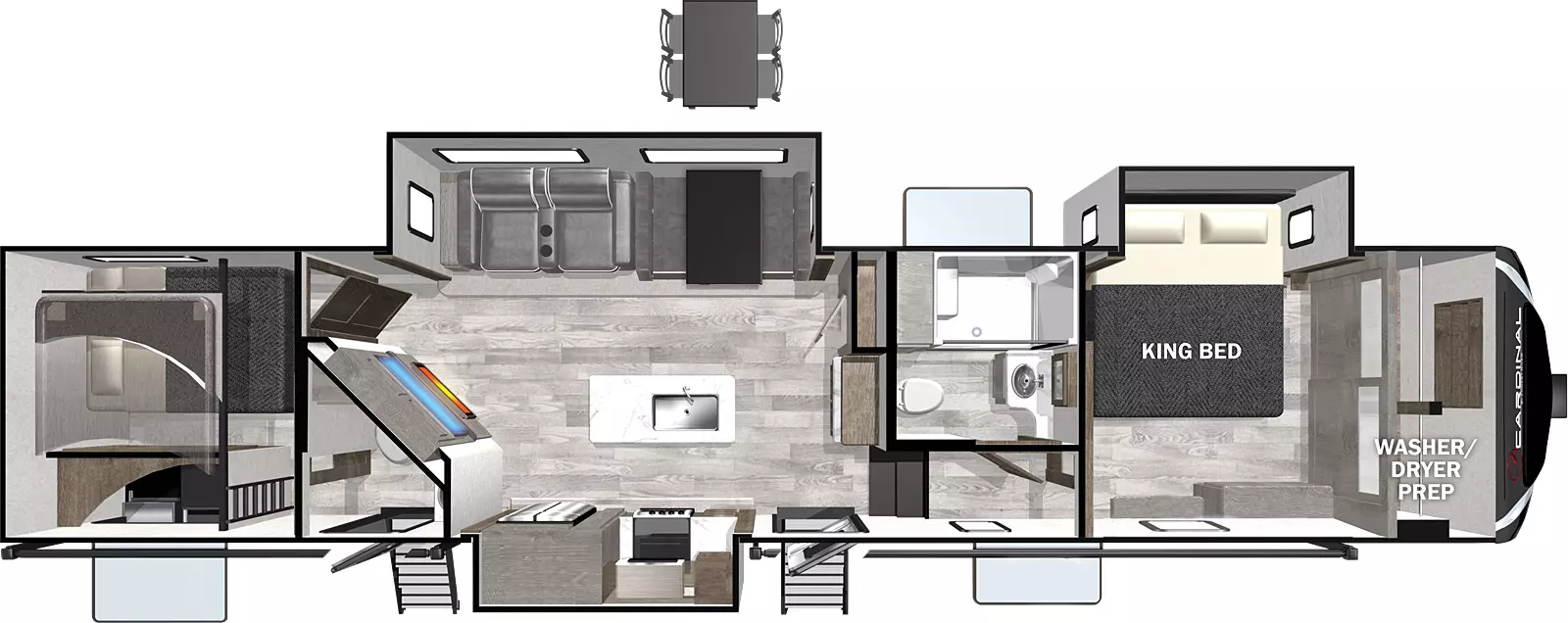 The 352BHLE has 3 slide outs and two entry doors. Interior layout from front to back: front bedroom with king bed slideout and washer/dryer prep; off-door side full bathroom; two steps down to kitchen/living room with opposing slideouts and main entry steps; rear bunk room and half bathroom with second entry.