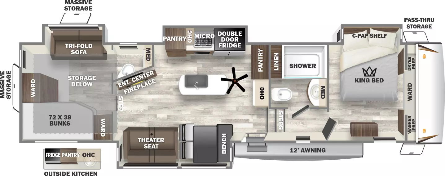 The 350BH has four slide outs, three on the off-door side and one on the door side and one entry door. Exterior features include a 12 foot awning, front pass thru storage, rear outside kitchen with refrigerator, sink, pantry and overhead cabinet, and basement storage accessible from rear and off-door side. Interior layout from front to back: Front bedroom with front wardrobe with washer/dryer prep, king bed in an off-door side slide out, and c-pap shelf; side aisle bathroom; steps down to entry and living area; off-door side kitchen with pantry, overhead cabinet, and counter along interior wall, kitchen island and paddle fan, slideout with pantry, microwave, cooktop, double door refrigerator and overhead cabinet; door side slideout with two chair and bench seating dining area and theater seat across from angled entertainment center and fireplace; rear bunk house with off-door side half bathroom, tri-fold sofa slideout, door side bunk beds and wardrobe, and rear wardrobe.