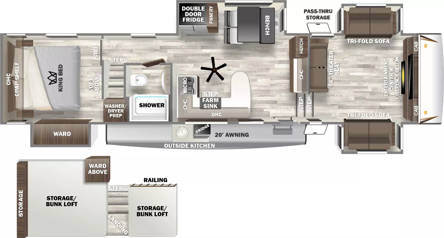 The 37FLL has three slide outs, two on the off-doorside and one on the door side and one entry door. Exterior door side features include a 16 foot awning over an exterior kitchen. There is also a large pass through storage area nearby. Interior layout from front to back. Front living room area with two tri-fold sofas, theatre style seating and a large LED TV. Off the entry door is a kitchen that features U-shaped solid surface countertop, 12 volt refrigerator, pantry, dinette table, farm style sink, large microwave, and a breakfast bar/hutch. Near the rear is a bathroom with a storage loft overhead. In the rear is a master bedroom with a king bed and sleeping loft overhead the bedroom.