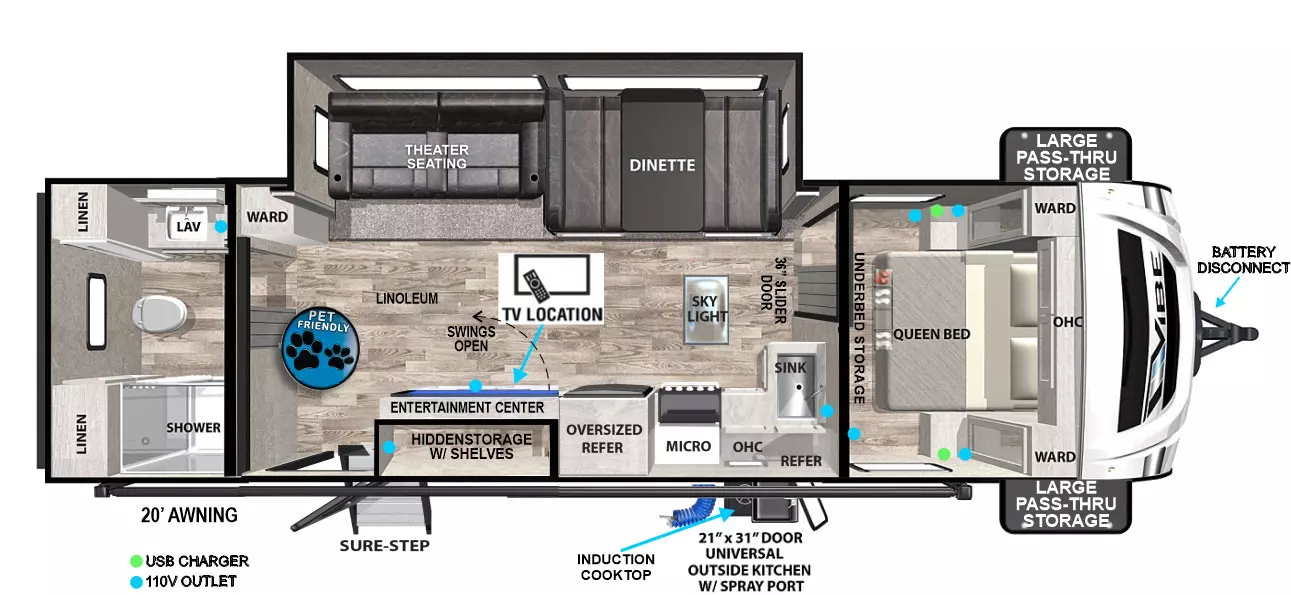 The 26RB Travel Trailer has one slide out, one entry near the rear, and a 20' awning. Exterior features include sure-step entry, 21 inch by 31 inch door universal outside kitchen with spray port and induction cooktop, battery disconnect, and front large pass through storage. Interior layout front to back: bedroom with queen bed, under bed storage, wardrobes on either side of bed and overhead cabinets; 36 inch sliding door separates bedroom from living area; off door side wardrobe, and slideout with theater seating and dinette; door side kitchen with sky light, sink, microwave, refrigerator and overhead cabinets; door side entertainment center with hidden storage and shelves behind; rear restroom