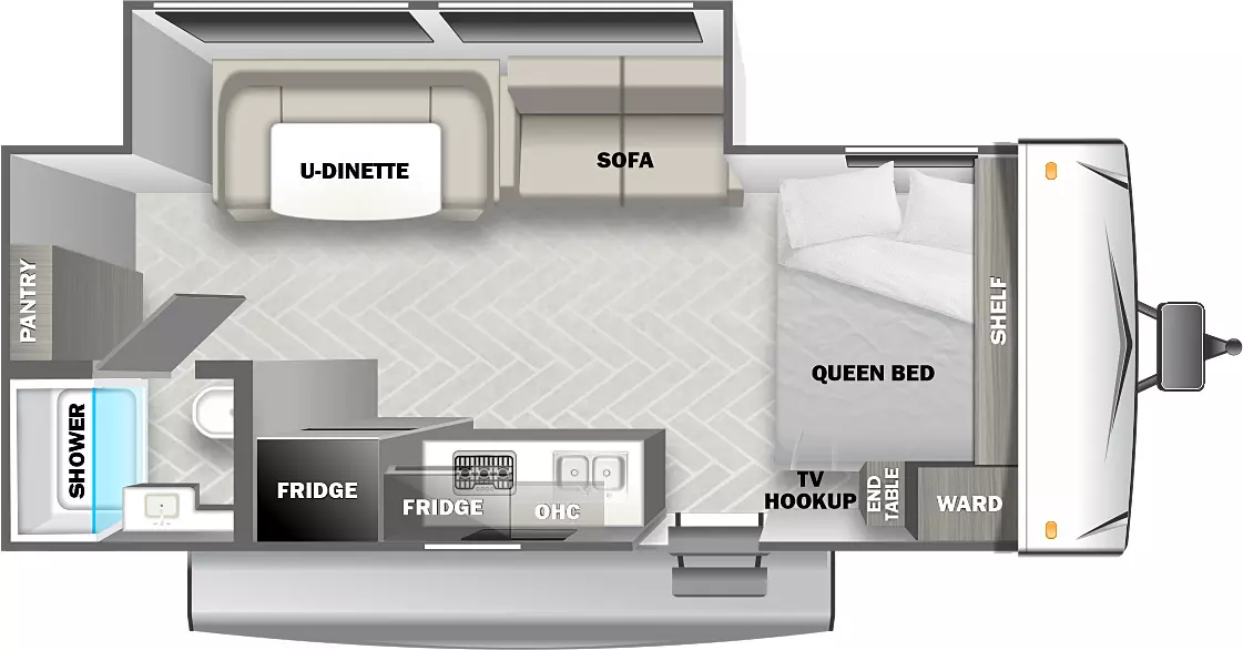 The 180SS has one slideout and one entry. Interior layout front to back: queen bed with shelf above and door side end table, wardrobe and TV hookup; off-door side slideout with sofa and u-dinette; door side entry and kitchen with overhead cabinet, microwave, and refrigerator; rear full bathroom and pantry.