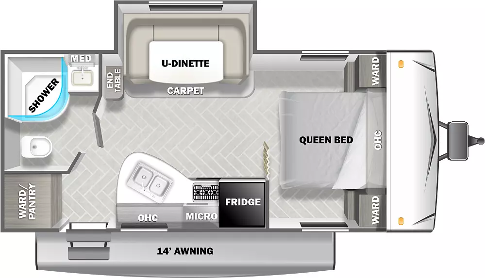 The 2160RBX has one slideout and one entry. Exterior features a 14 foot awning. Interior layout front to back: queen bed with overhead cabinet and wardrobes on each side; off-door side u-dinette slideout with carpet, and and end table; door side kitchen with refrigerator, microwave, overhead cabinet, and peninsula countertop; rear off-door side full bathroom; rear door side entry and wardrobe/pantry.
