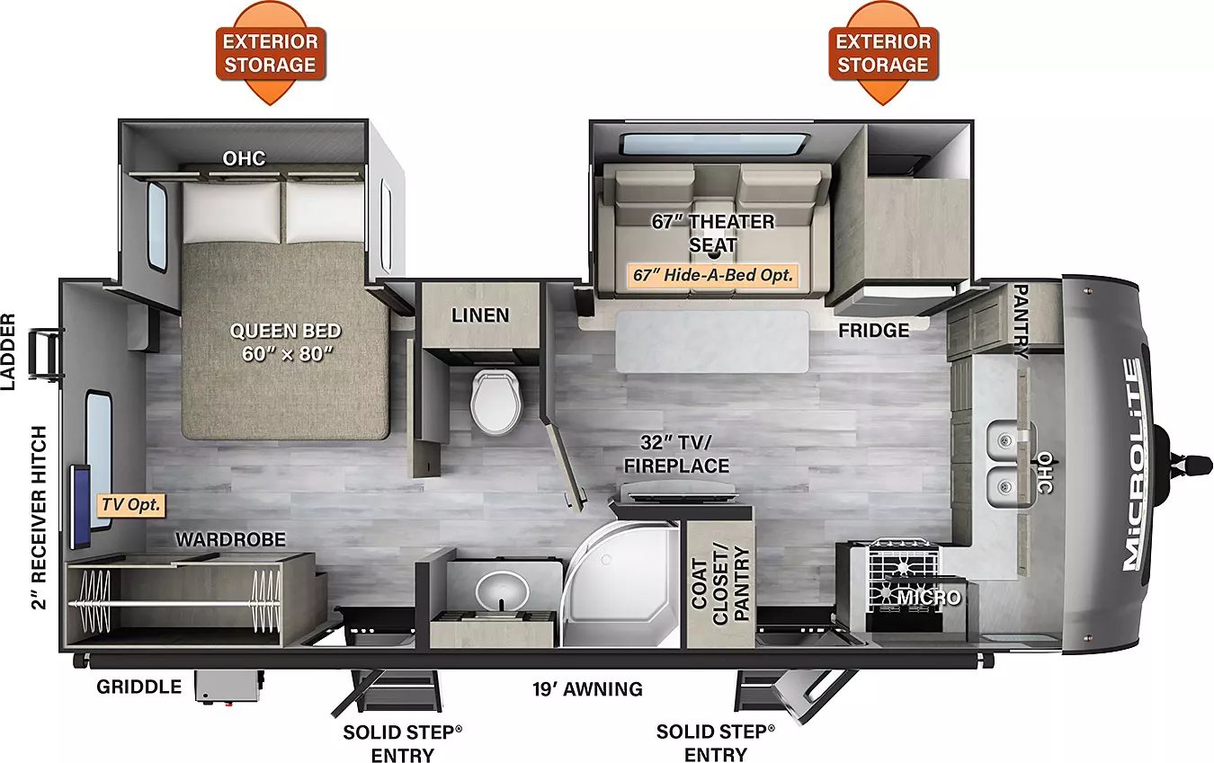 The 25FKBS has two slide outs on the off-door side, along with two entry doors on the door side. Exterior features include a 19 foot awning, off-door side exterior storage, griddle, rear ladder, and 2 inch receiver hitch. Interior layout from front to back: front kitchen living area with pantry, double sinks, stove and microwave; entertainment center with TV and fireplace below, and pantry/coat closet; off-door side slide out containing theater seating (table and chairs or hide-a-bed optional), overhead cabinets and refrigerator; mid pass thru bathroom; rear bedroom with a queen bed and overhead cabinets in the off-door side slide out, and a wardrobe on the door side (optional TV).