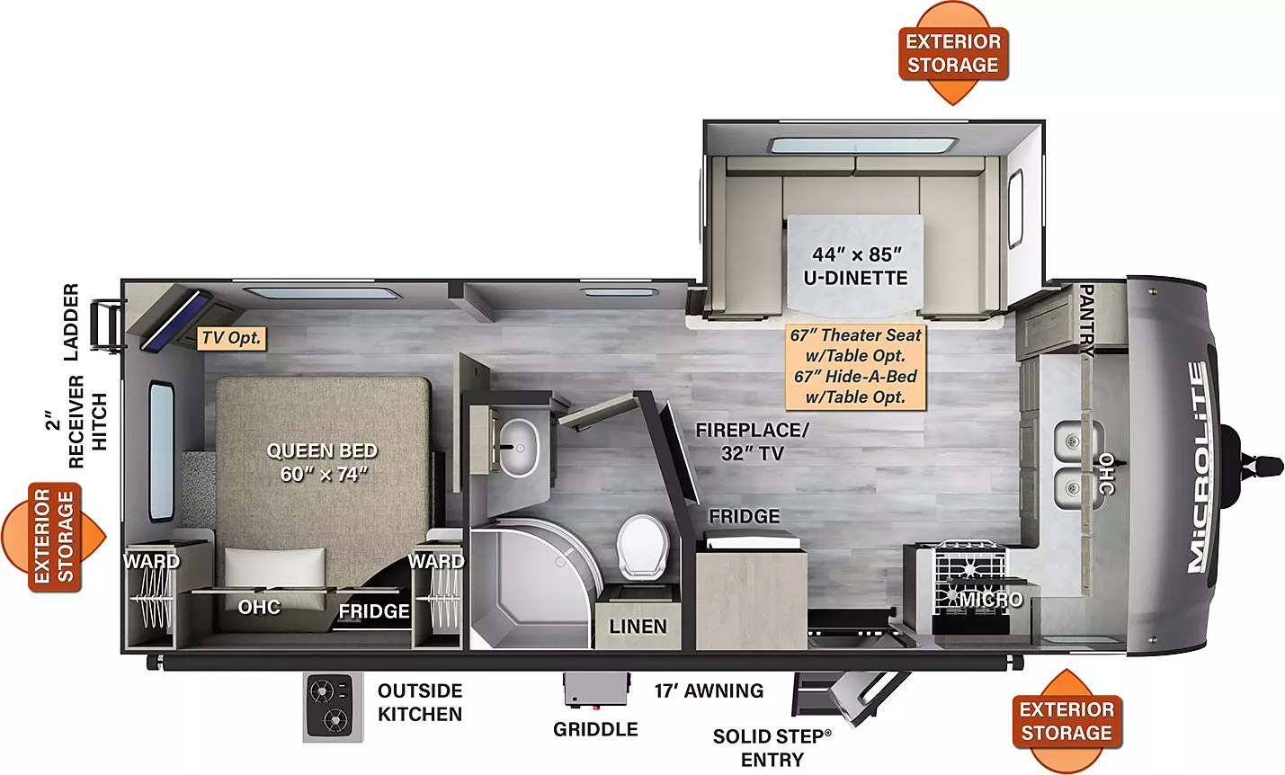 The 25FKS has one slide out on the off-door slide along with one entry door. Exterior features include a 17 foot awning, outside kitchen, front exterior storage on both sides, griddle, rear exterior storage, rear ladder, and 2 inch receiver hitch. Interior layout from front to back: front kitchen living area with pantry, double sinks, stove, microwave, and refrigerator; angled wall with TV and fireplace below; off-door side slide out containing U-dinette (theater seating or hide-a-bed optional); side aisle bathroom; rear bedroom with queen bed, overhead cabinets, and wardrobes on either side (optional TV). 