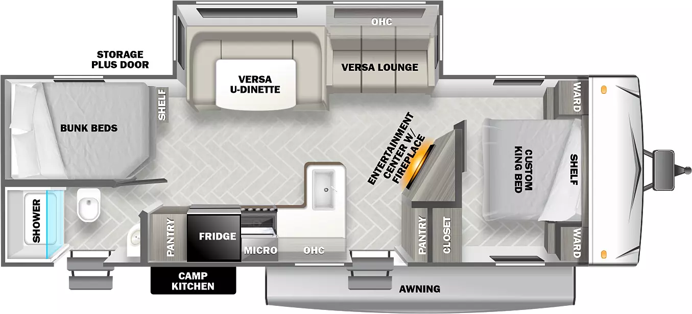 The 26DBUD has one slideout and two entries. Exterior features include a camp kitchen, awning, and storage plus door on rear off-door side. Interior layout front to back: bed with shelf above, wardrobes on each side, and closet on door side; off-door side slideout with versa lounge, overhead cabinet, and versa u-dinette; door side angled entertainment center with fireplace, pantry, and entry door; peninsula kitchen counter that wraps to door side with overhead cabinet, microwave, refrigerator and pantry; rear off-door side shelf and bunk beds; rear door side full bathroom with second entry door.