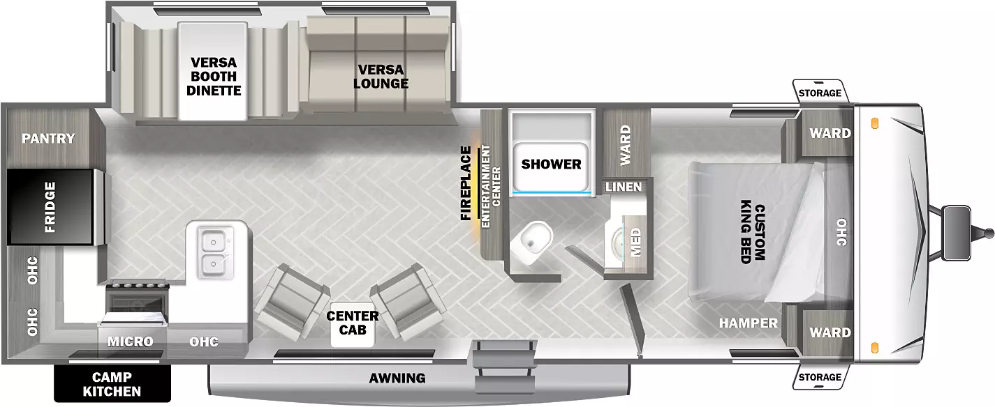 The 27RK has one slideout and one entry. Exterior features include a camp kitchen, awning, and front storage. Interior layout front to back: queen bed with overhead cabinet, wardrobes on each side, hamper on the door side, and wardrobe on off-door side; off-door side full bathroom with linen closet and medicine cabinet; entry; entertainment center with fireplace along inner wall; off-door side slideout with versa lounge and versa booth dinette; door side seating with center cabinet; peninsula kitchen counter that wraps to door side with overhead cabinet and microwave, and continues to wrap to the rear with more overhead cabinets, refrigerator and pantry.