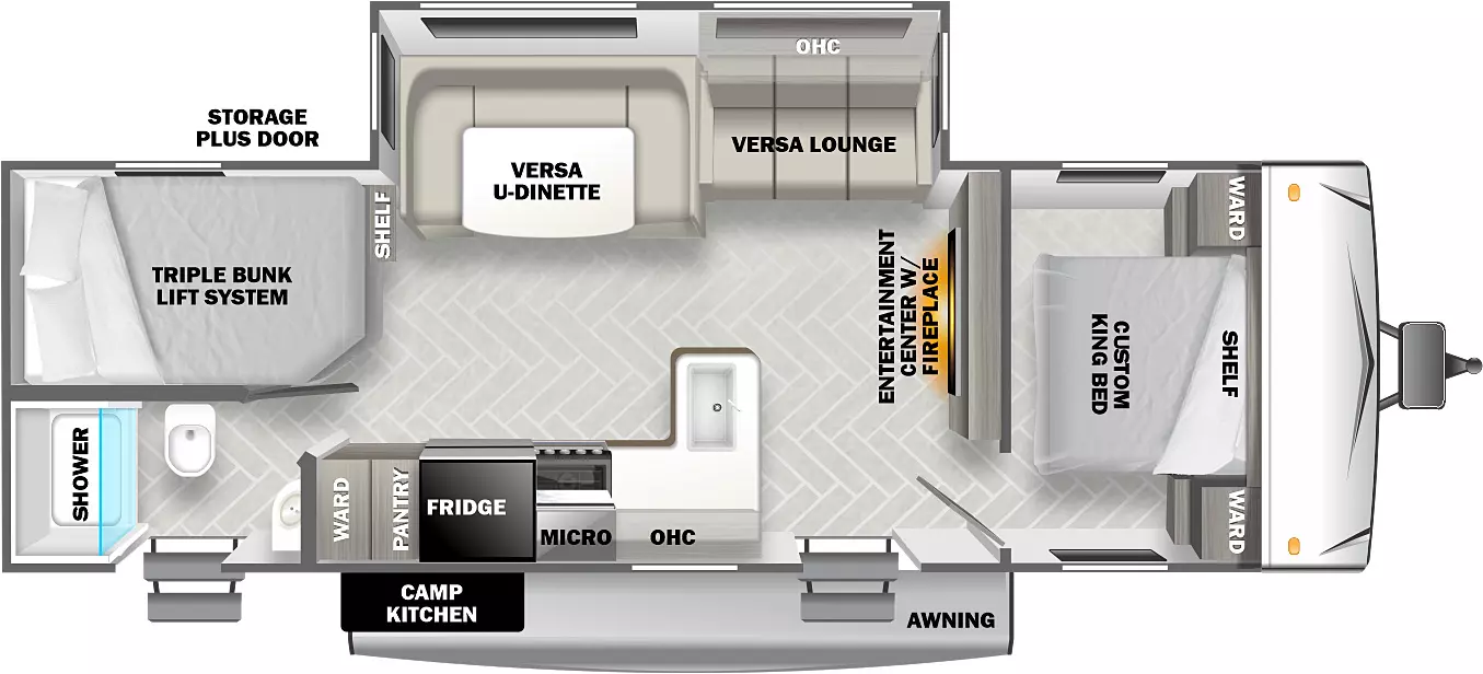 The 27TDSS has one slideout and two entries. Exterior features a camp kitchen, awning, and off-door side rear storage plus door. Interior layout front to back: bed with shelf above and wardrobes on each side; entertainment center with fireplace along inner wall; off-door side slideout with versa lounge, overhead cabinet, and versa u-dinette; door side entry; peninsula kitchen counter that wraps to door side with overhead cabinet, microwave, refrigerator, pantry, and wardrobe; rear off-door side shelf and triple bunk lift system; rear door side full bathroom with second entry.