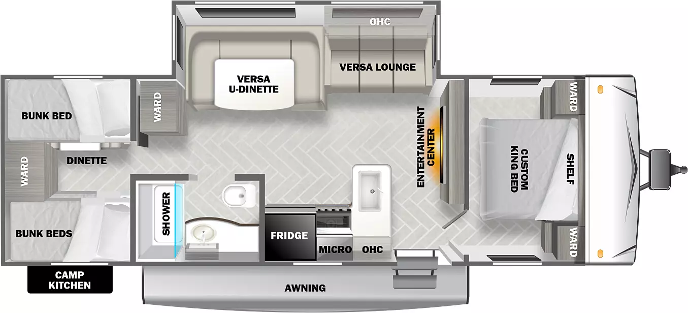 The 30QBSS has one slideout and one entry. Exterior features include a camp kitchen and awning. Interior layout front to back: bed with shelf above and wardrobes on each side; entertainment center with fireplace along inner wall; off-door side slideout with versa lounge, overhead cabinet and versa u-dinette, and wardrobe; door side entry; peninsula kitchen that wraps to door side with overhead cabinet, microwave and refrigerator; door side full bathroom; rear bunk room with off-door side dinette with bunk above, two door side bunks, and rear wardrobe.