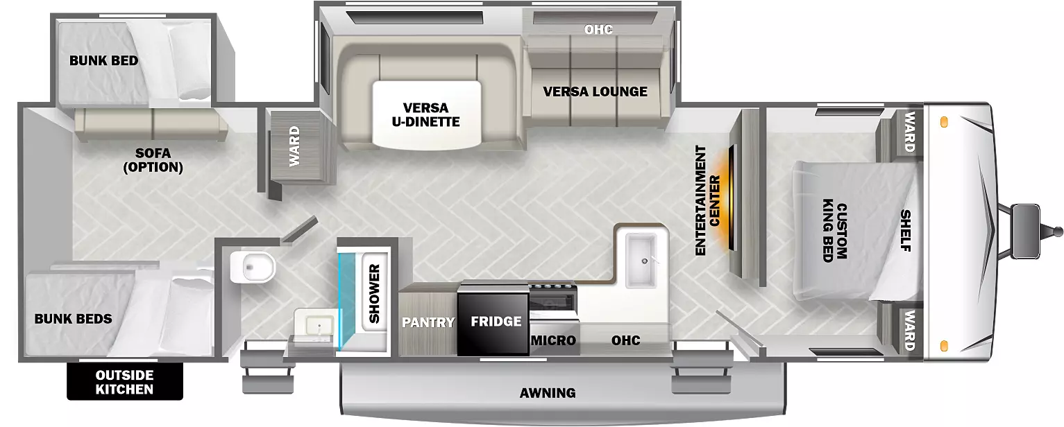 The 32BHDS has two slideouts and one entry. Exterior features include a camp kitchen and awning. Interior layout front to back: bed with shelf above and wardrobes on each side; entertainment center along inner wall; off-door side slideout with versa lounge, overhead cabinet and versa u-dinette, and wardrobe; door side entry; peninsula kitchen that wraps to door side with overhead cabinet, microwave, refrigerator, and pantry; door side full bathroom; rear bunk room with off-door side slideout with sofa option below and bunk above, and two door side bunks.